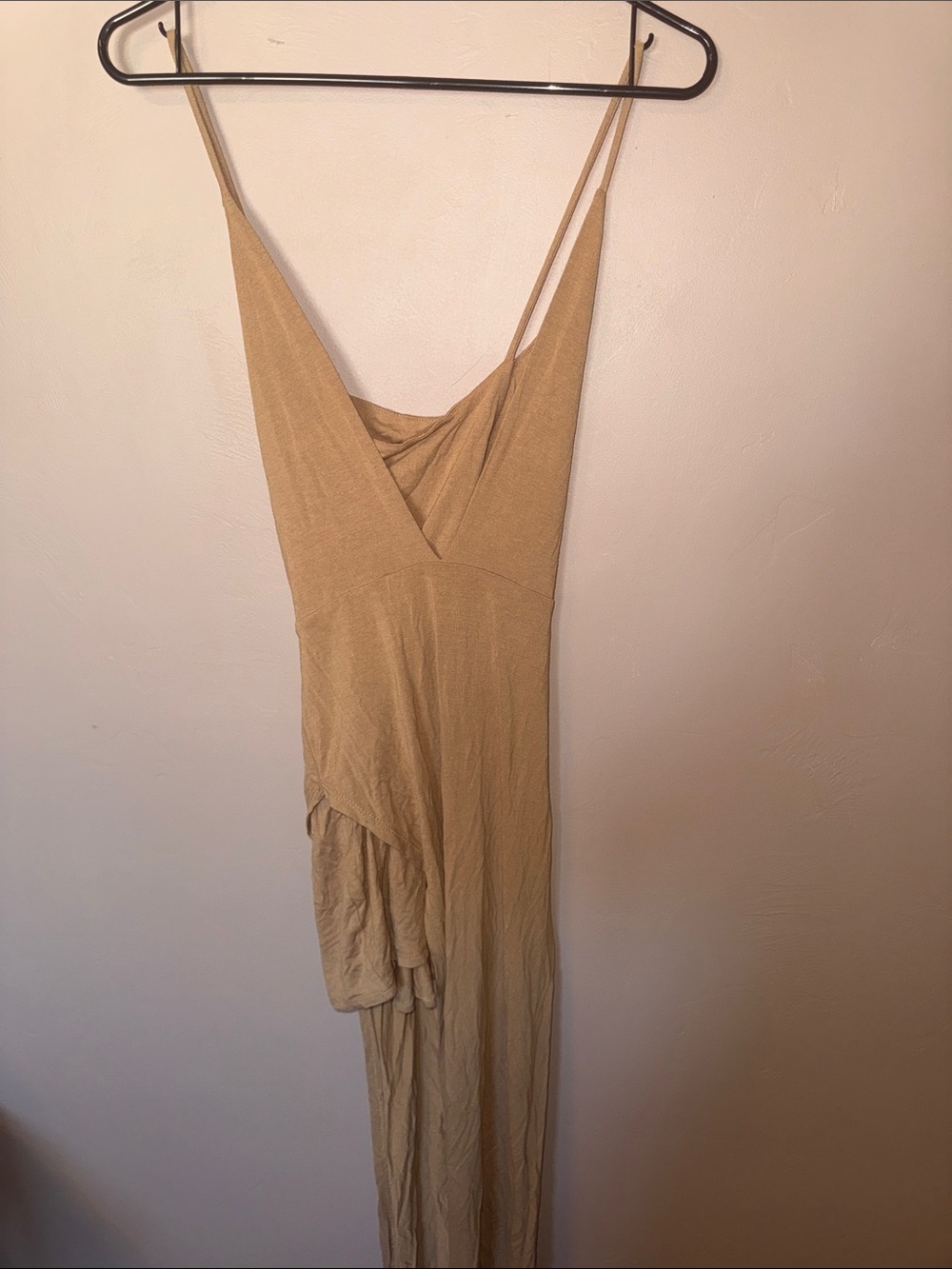 Asymmetrical Beige Spaghetti-Strap Maxi Dress
